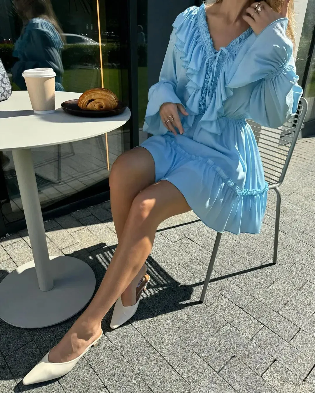 Obsidian Phoenix Luxury Ruffled V-Neck White Mini Dress - Elegant Long Sleeve High-Waist Lace-Up Bandage Dress for Women
