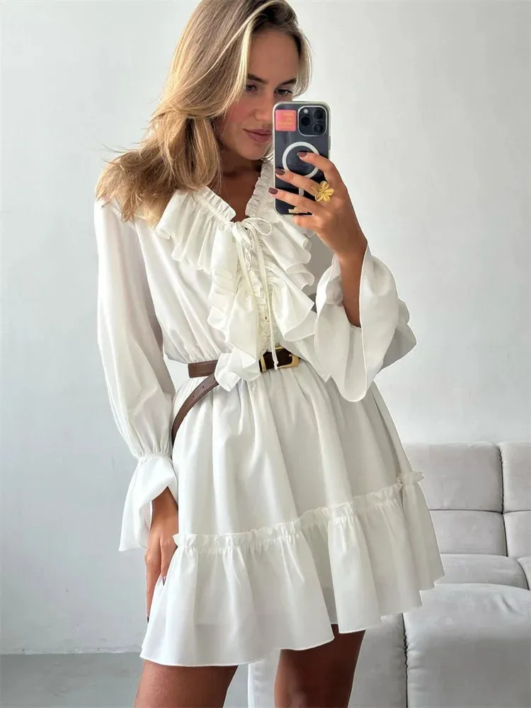 Obsidian Phoenix Luxury Ruffled V-Neck White Mini Dress - Elegant Long Sleeve High-Waist Lace-Up Bandage Dress for Women