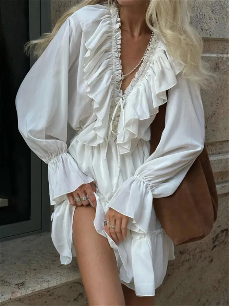 Obsidian Phoenix Luxury Ruffled V-Neck White Mini Dress - Elegant Long Sleeve High-Waist Lace-Up Bandage Dress for Women