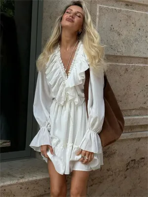 Obsidian Phoenix Luxury Ruffled V-Neck White Mini Dress - Elegant Long Sleeve High-Waist Lace-Up Bandage Dress for Women
