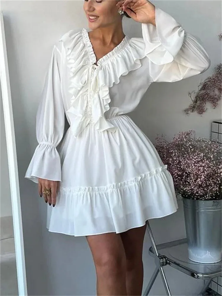 Obsidian Phoenix Luxury Ruffled V-Neck White Mini Dress - Elegant Long Sleeve High-Waist Lace-Up Bandage Dress for Women