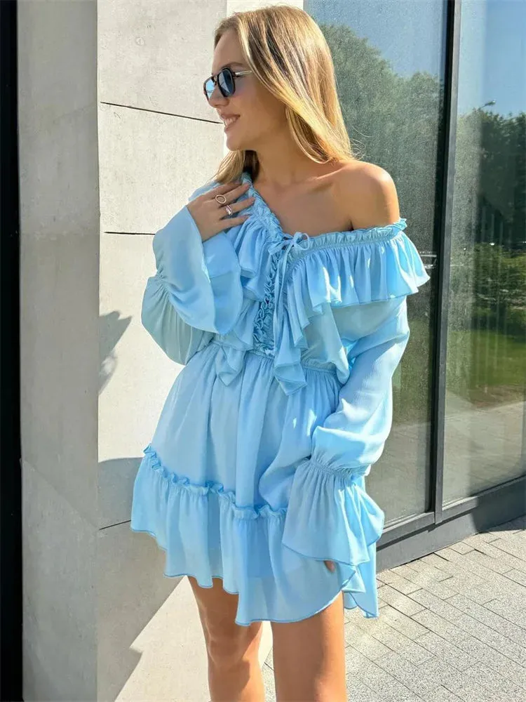 Obsidian Phoenix Luxury Ruffled V-Neck White Mini Dress - Elegant Long Sleeve High-Waist Lace-Up Bandage Dress for Women