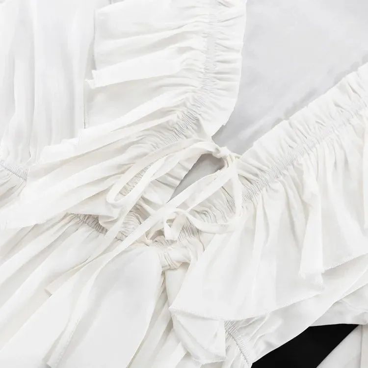 Obsidian Phoenix Luxury Ruffled V-Neck White Mini Dress - Elegant Long Sleeve High-Waist Lace-Up Bandage Dress for Women
