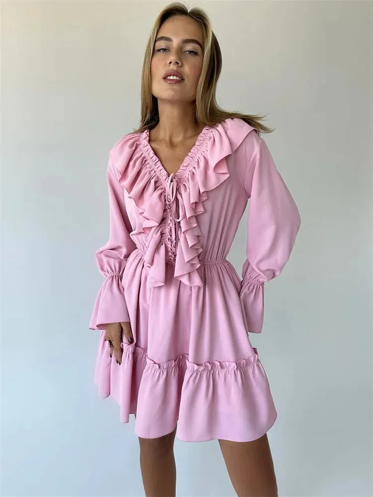 Obsidian Phoenix Luxury Ruffled V-Neck White Mini Dress - Elegant Long Sleeve High-Waist Lace-Up Bandage Dress for Women