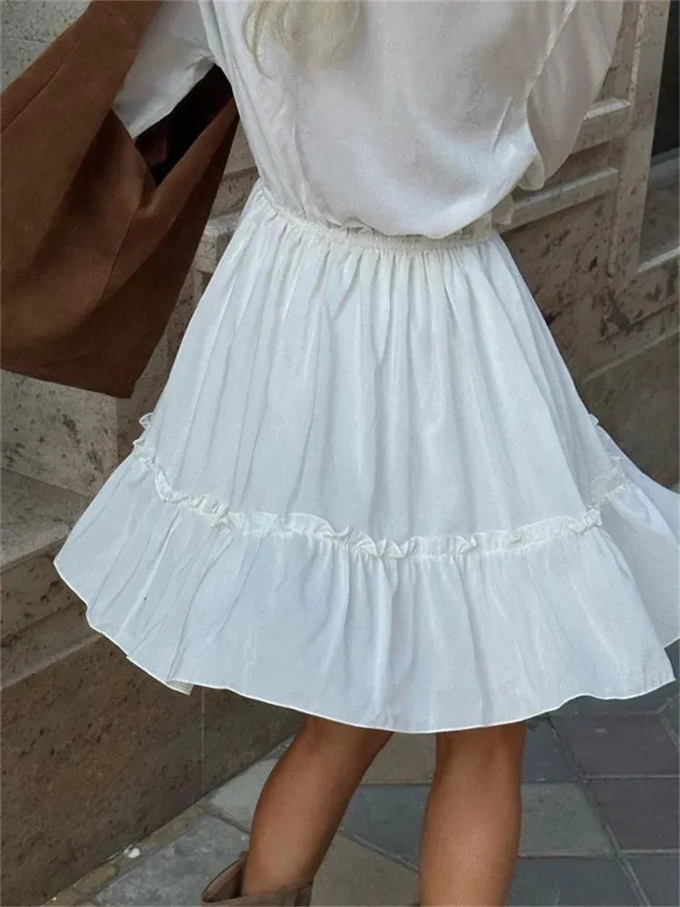 Obsidian Phoenix Luxury Ruffled V-Neck White Mini Dress - Elegant Long Sleeve High-Waist Lace-Up Bandage Dress for Women