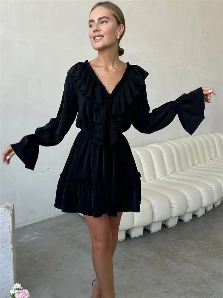 Obsidian Phoenix Luxury Ruffled V-Neck White Mini Dress - Elegant Long Sleeve High-Waist Lace-Up Bandage Dress for Women