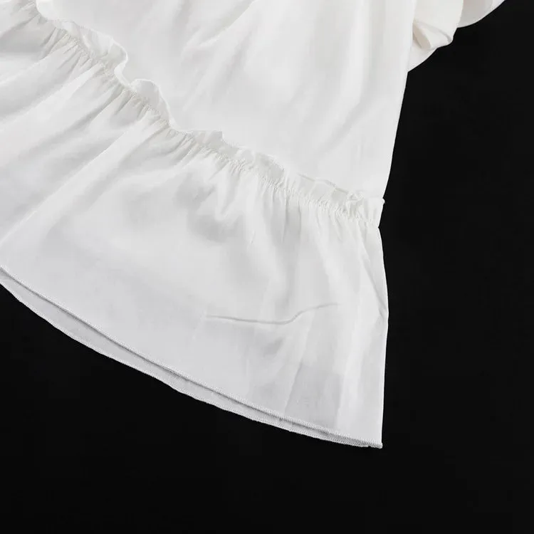 Obsidian Phoenix Luxury Ruffled V-Neck White Mini Dress - Elegant Long Sleeve High-Waist Lace-Up Bandage Dress for Women