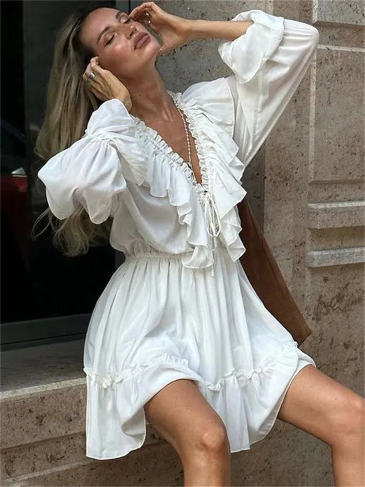 Obsidian Phoenix Luxury Ruffled V-Neck White Mini Dress - Elegant Long Sleeve High-Waist Lace-Up Bandage Dress for Women