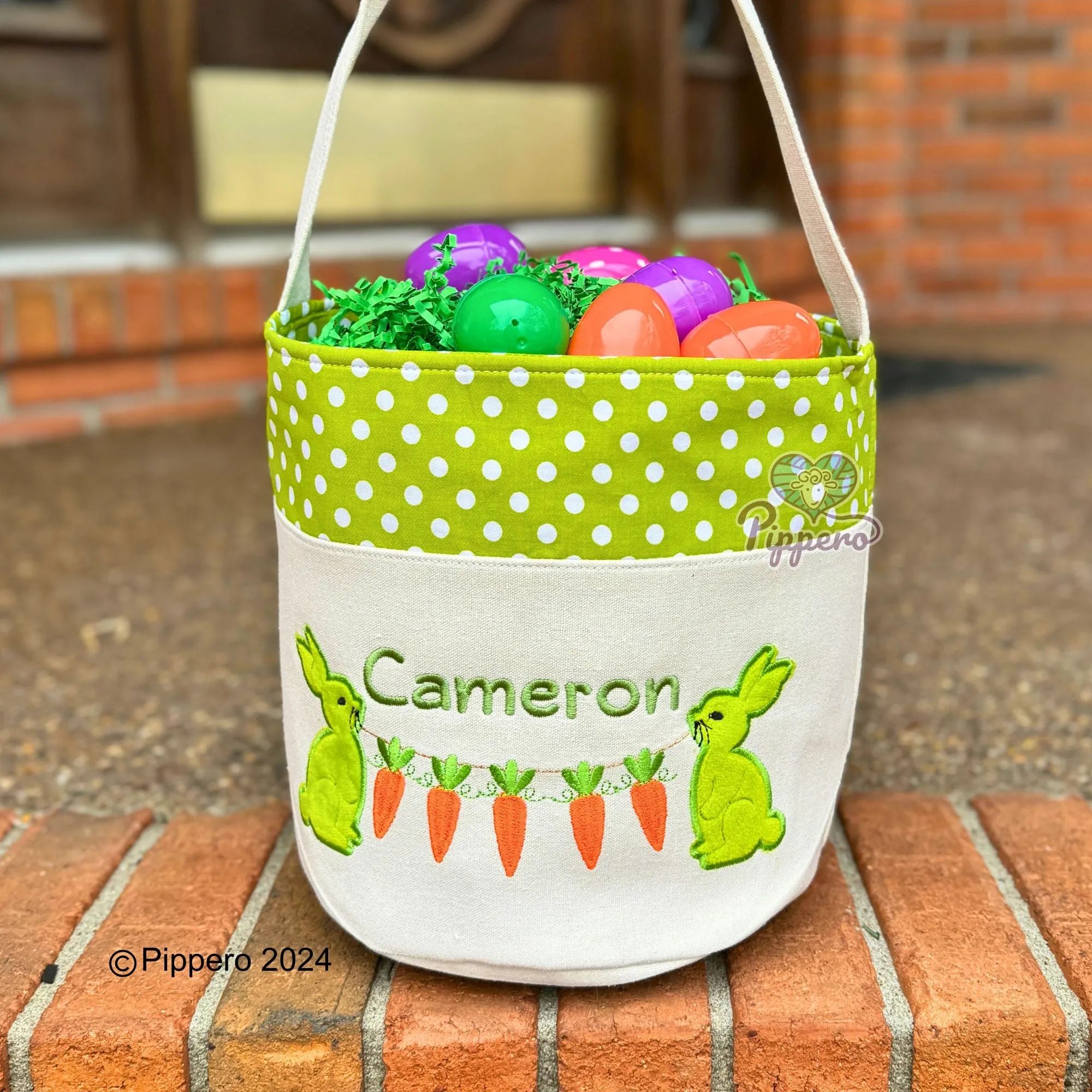 Personalized Embroidered Small Dot Canvas Easter Basket with Bunny with Carrots Design