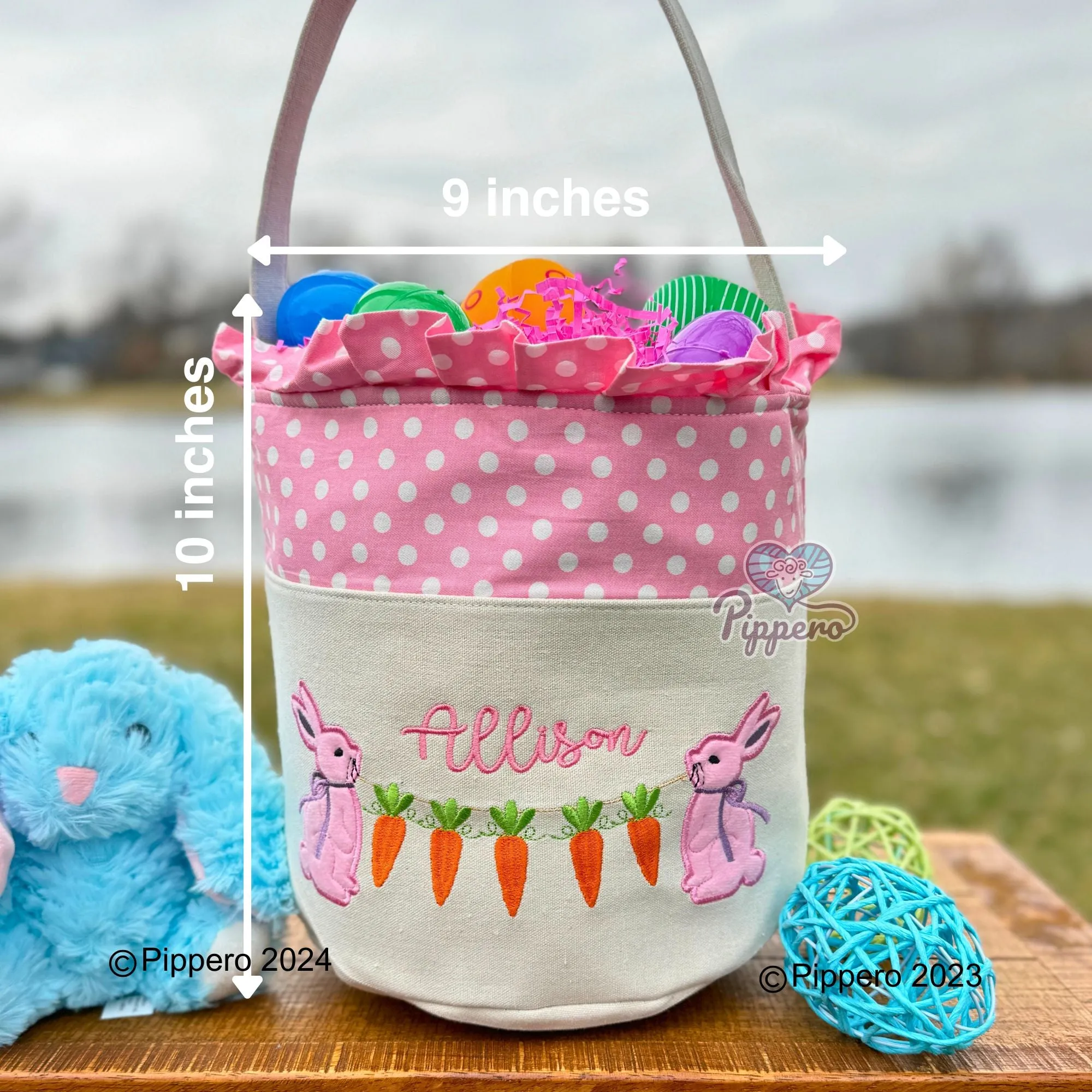 Personalized Embroidered Small Dot Canvas Easter Basket with Bunny with Carrots Design
