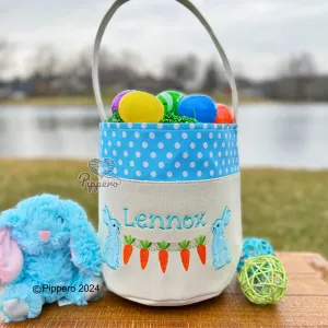 Personalized Embroidered Small Dot Canvas Easter Basket with Bunny with Carrots Design