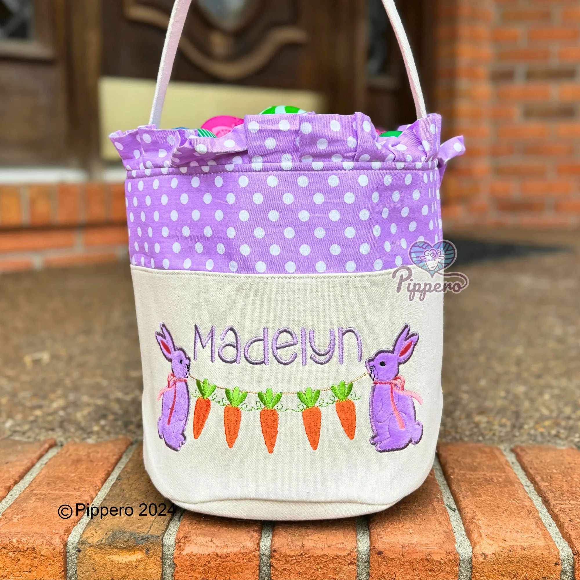 Personalized Embroidered Small Dot Canvas Easter Basket with Bunny with Carrots Design