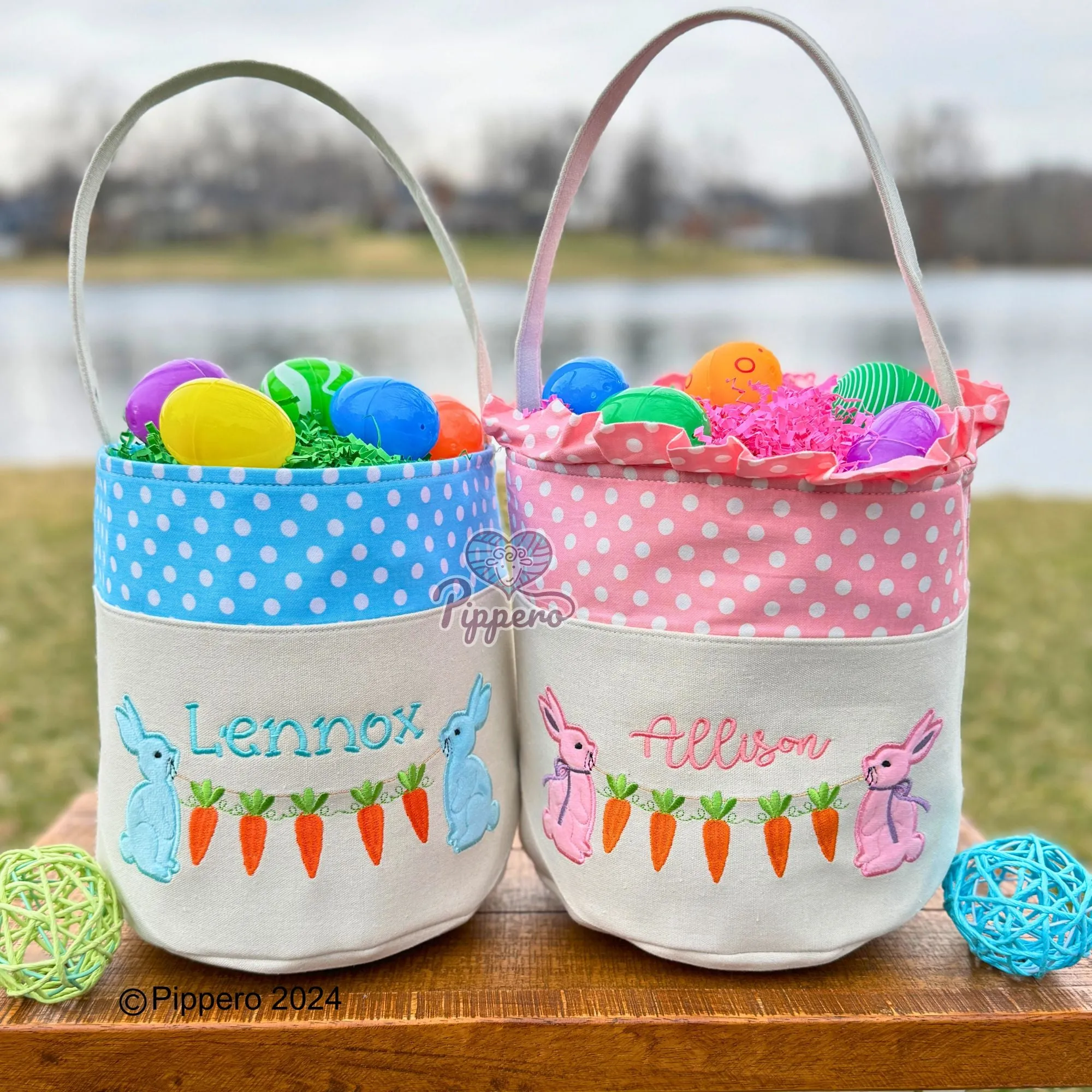 Personalized Embroidered Small Dot Canvas Easter Basket with Bunny with Carrots Design