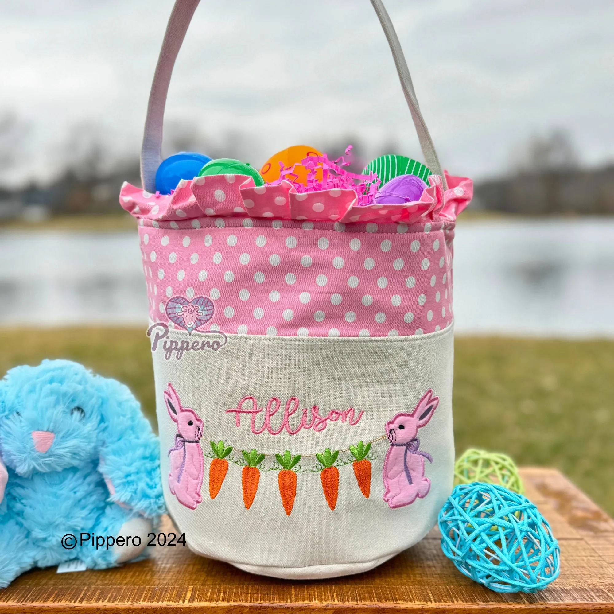 Personalized Embroidered Small Dot Canvas Easter Basket with Bunny with Carrots Design