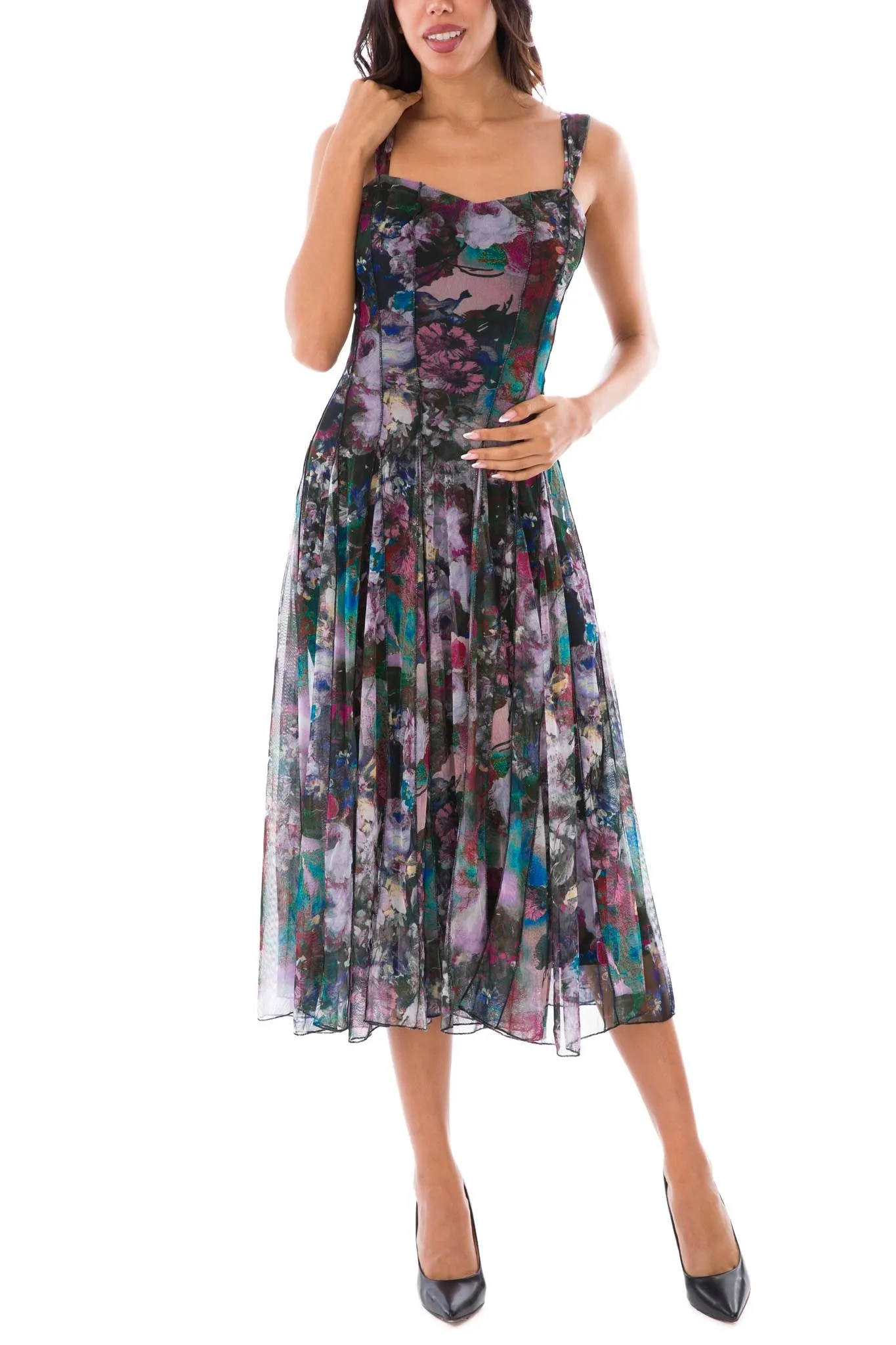 PIA Sleeveless Mid Calf Fit N Flare Vintage Print Mesh Dress