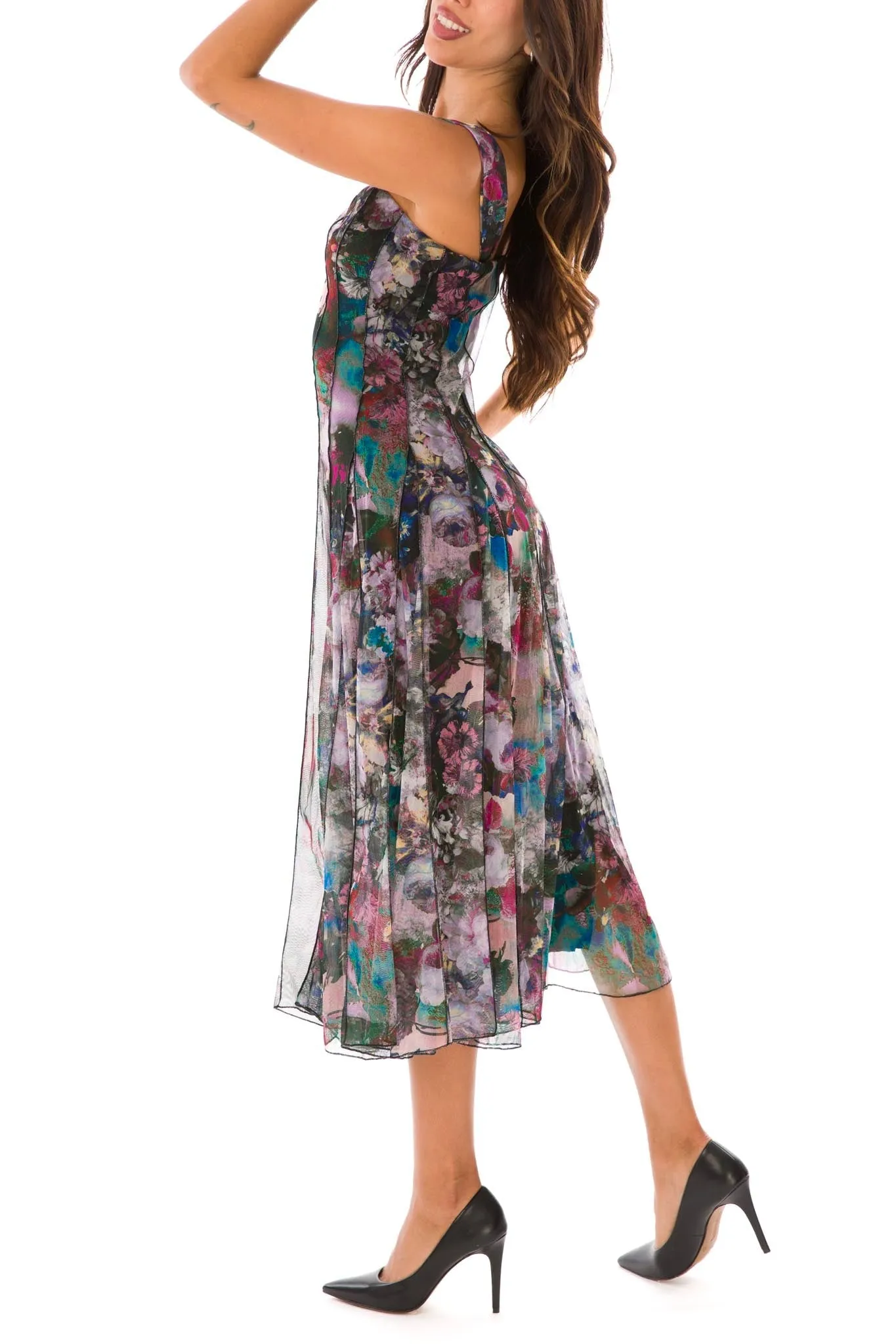 PIA Sleeveless Mid Calf Fit N Flare Vintage Print Mesh Dress