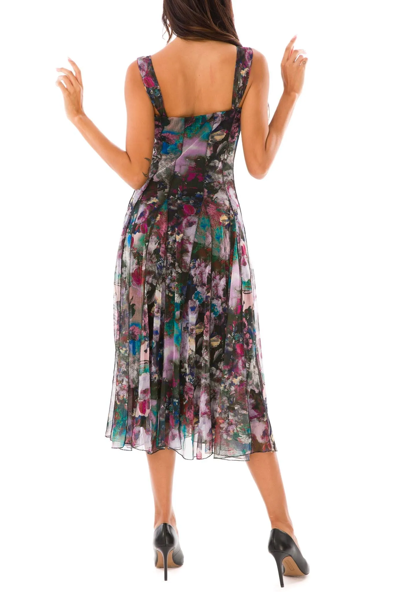 PIA Sleeveless Mid Calf Fit N Flare Vintage Print Mesh Dress