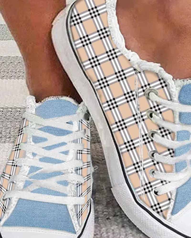 Plaid Print Colorblock Raw Hem Canvas Sneakers