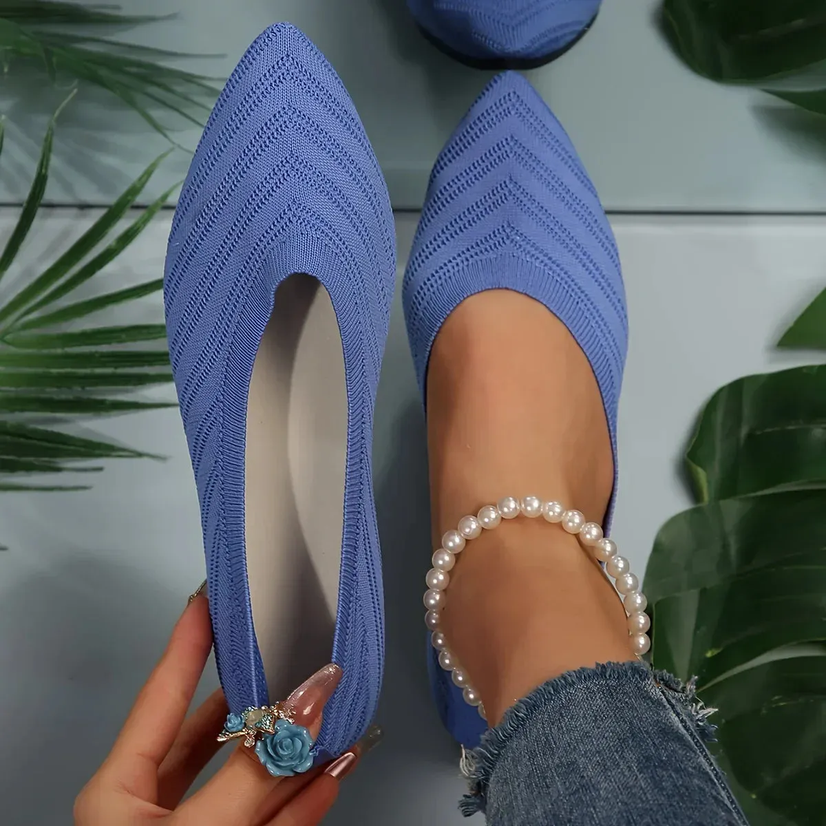 Pointed Toe Flat Shoes Women Solid Color Knitted Slip on Shoes Casual Breathable Ballet Flats Women Loafers Comfort Ladies Shoes