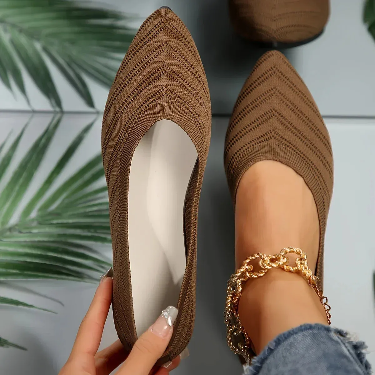 Pointed Toe Flat Shoes Women Solid Color Knitted Slip on Shoes Casual Breathable Ballet Flats Women Loafers Comfort Ladies Shoes