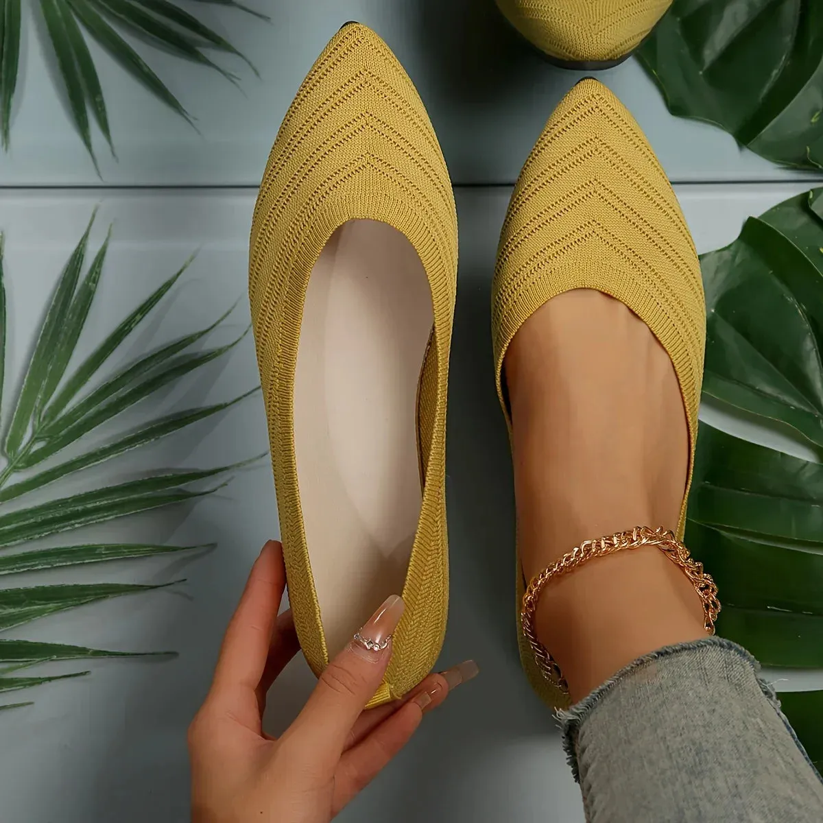 Pointed Toe Flat Shoes Women Solid Color Knitted Slip on Shoes Casual Breathable Ballet Flats Women Loafers Comfort Ladies Shoes