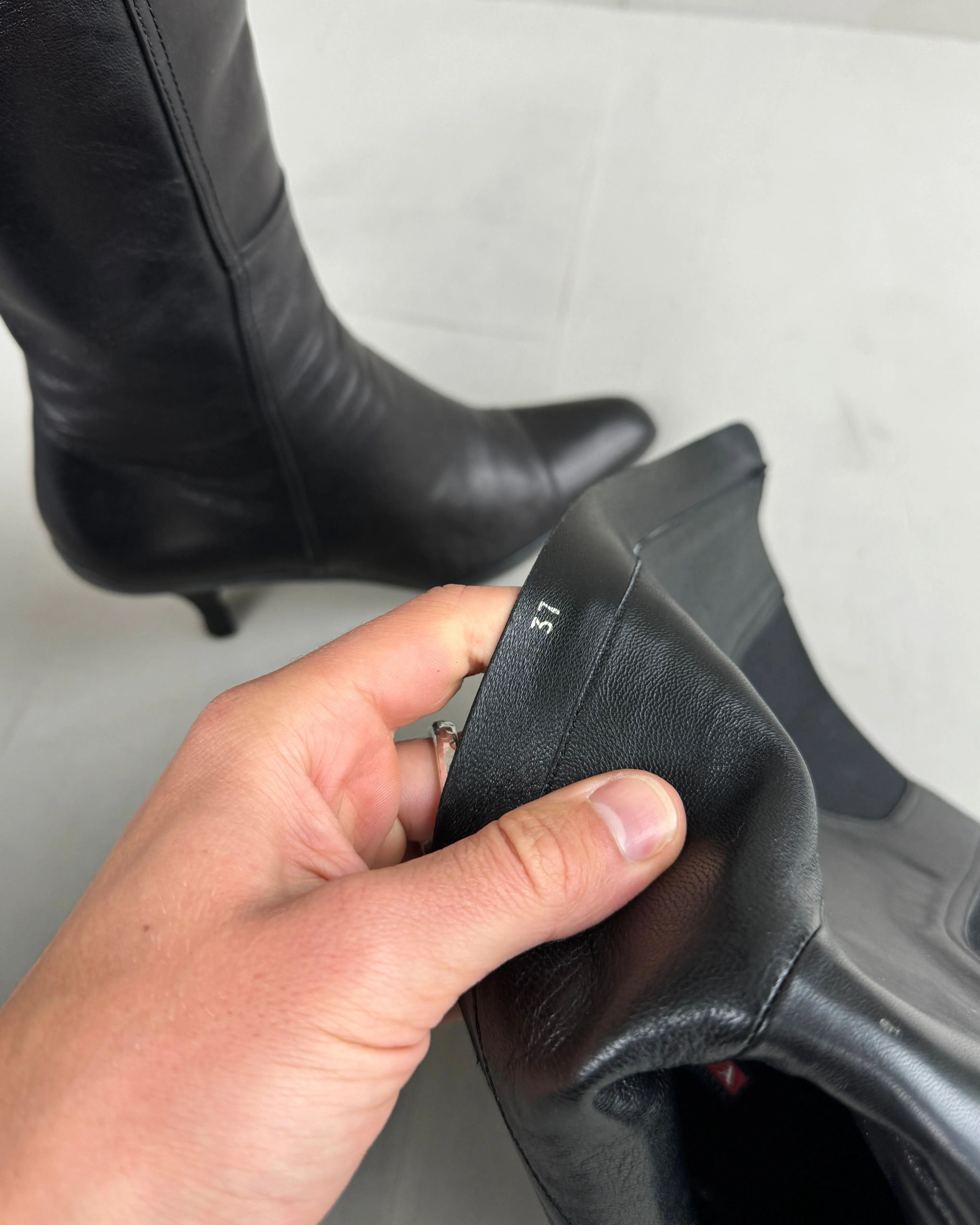 PRADA KITTEN HEEL SPORT LEATHER BOOTS - EU 37