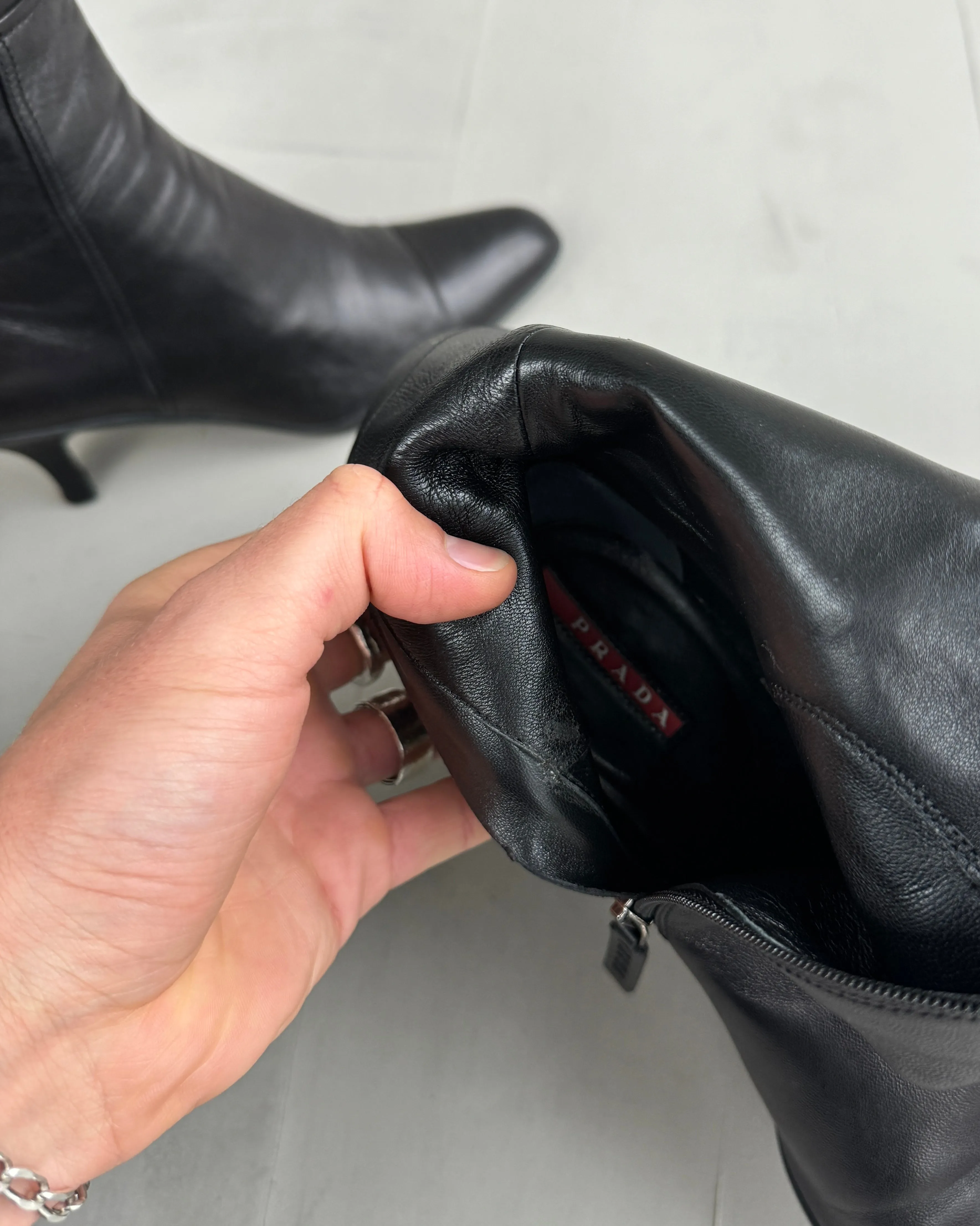 PRADA KITTEN HEEL SPORT LEATHER BOOTS - EU 37