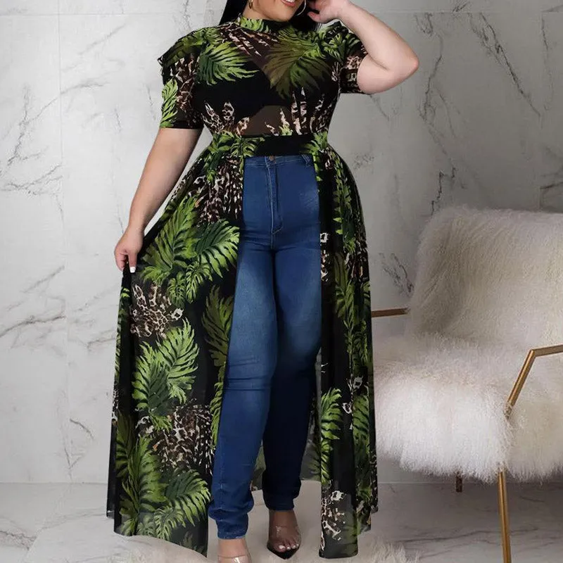Print Short Sleeve Mesh Long Top