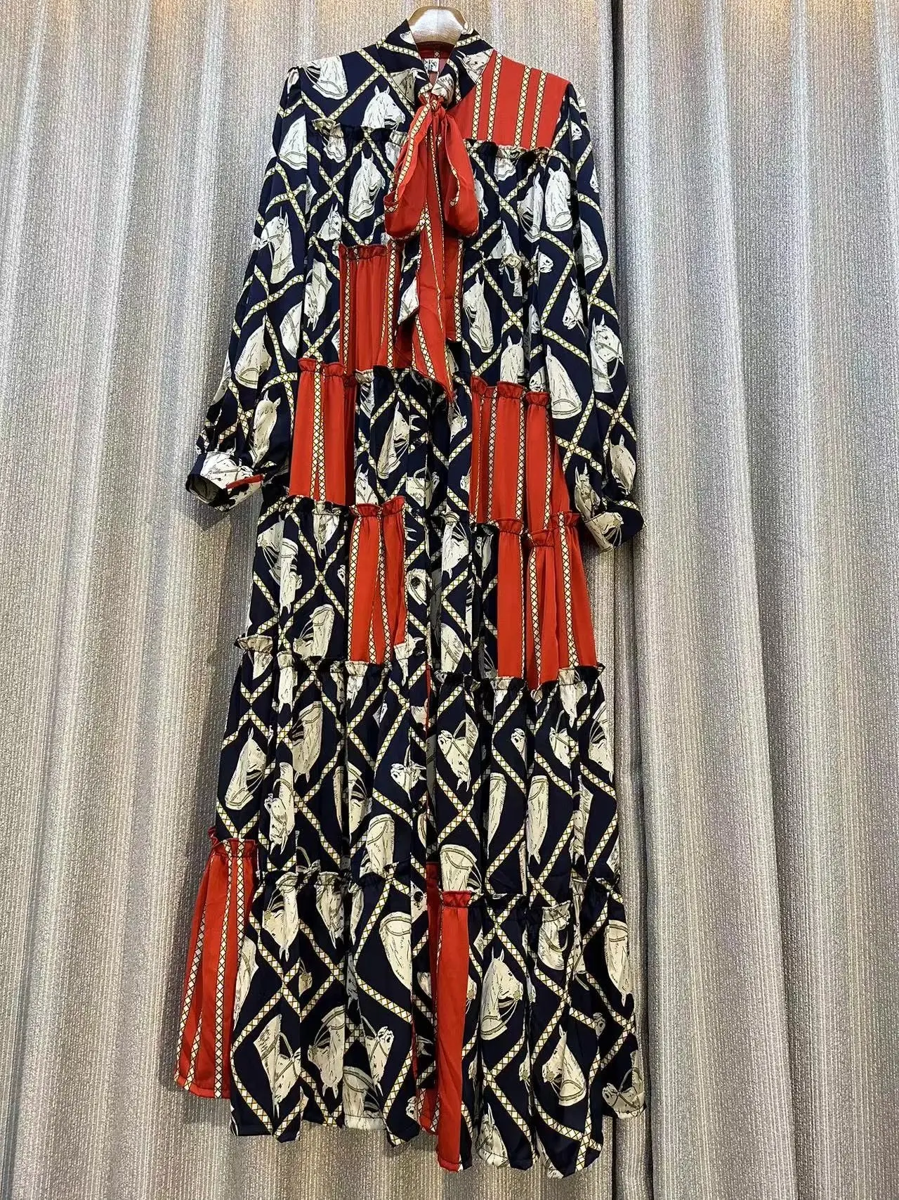 Retro Lantern Sleeve Bow Stand Collar Dress