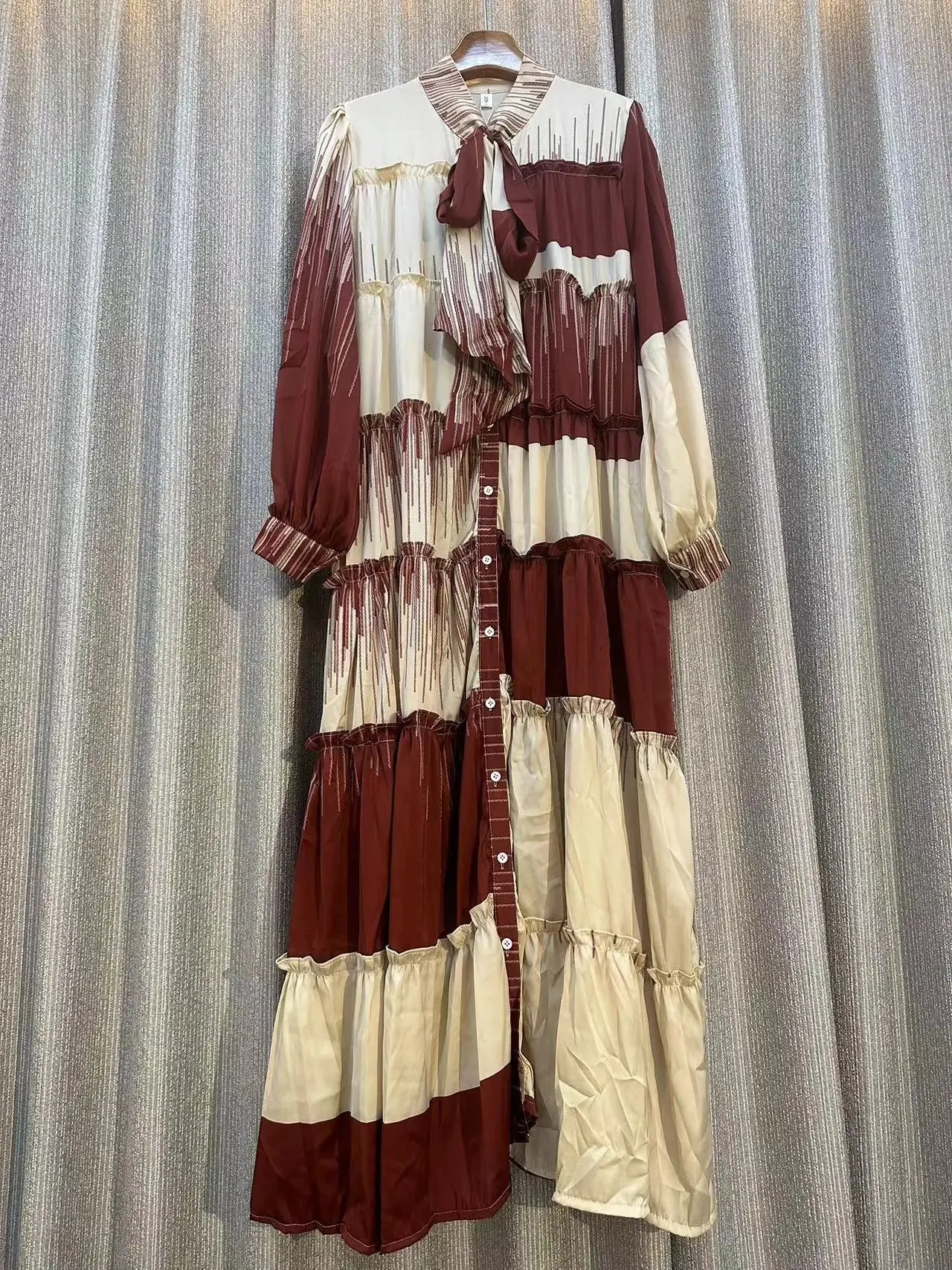 Retro Lantern Sleeve Bow Stand Collar Dress
