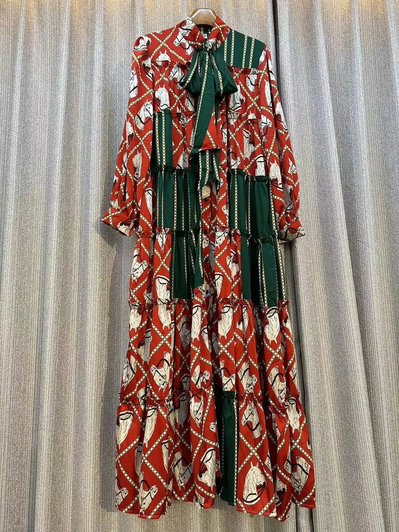 Retro Lantern Sleeve Bow Stand Collar Dress
