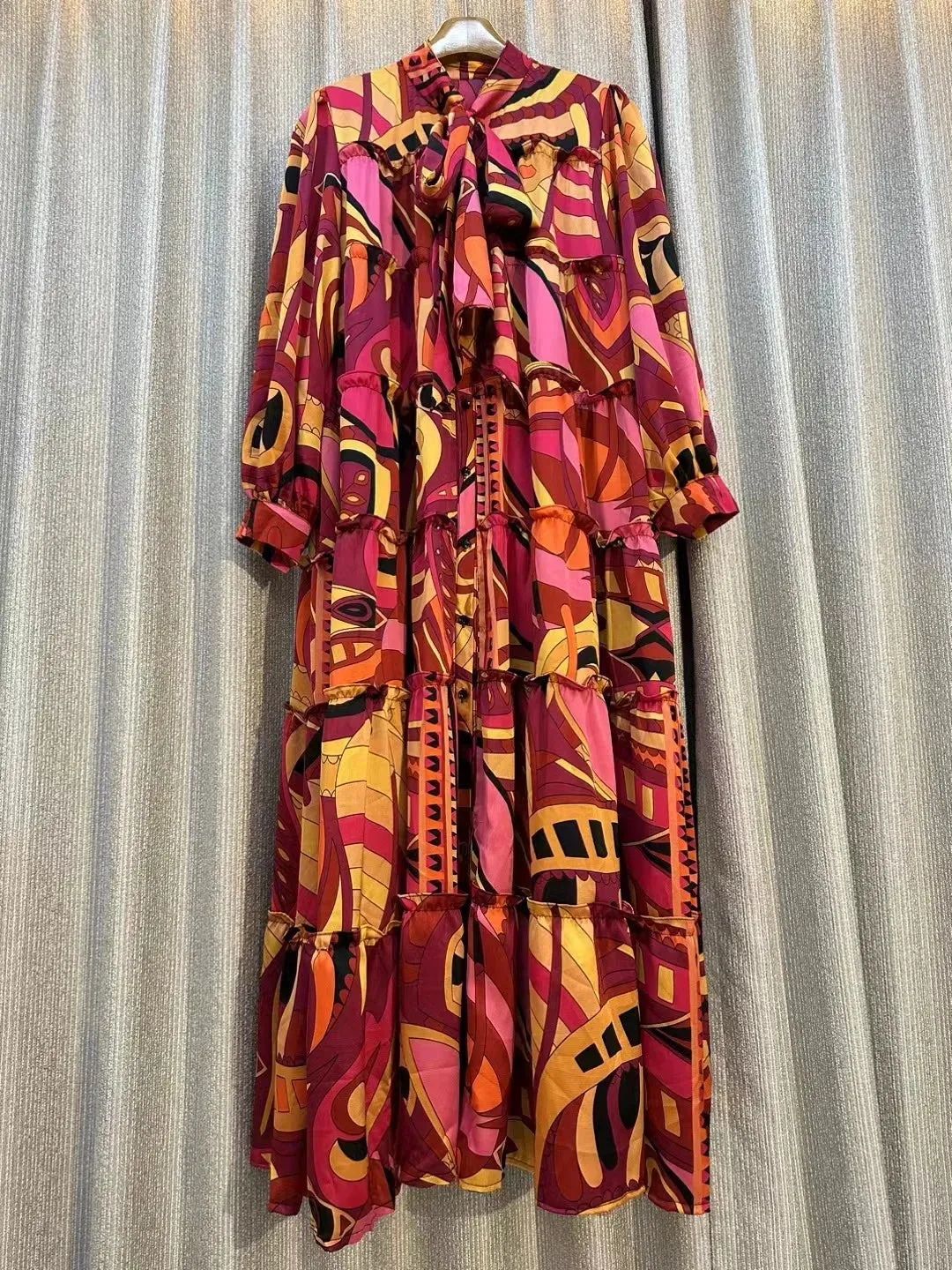 Retro Lantern Sleeve Bow Stand Collar Dress