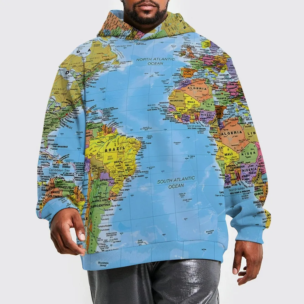 Retro Map Multicolor Long Sleeve Hooded Sweatshirt 2411004094