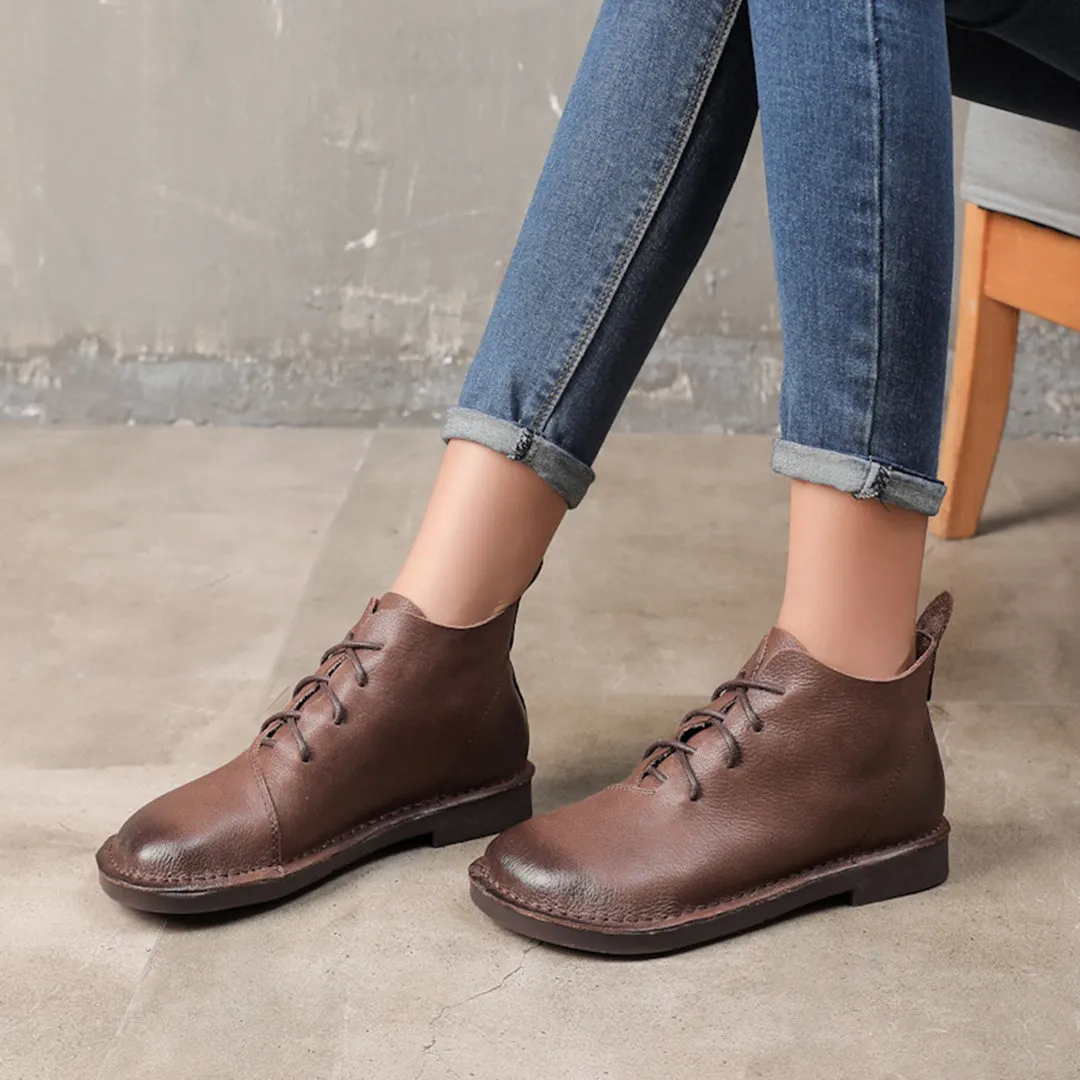 Retro Soft Leather Lace-Up Boots