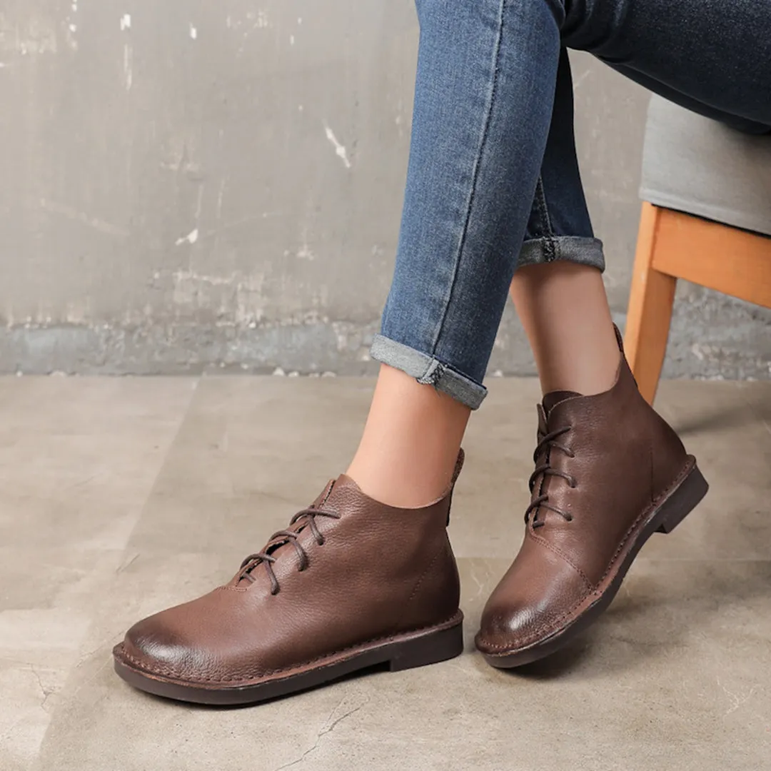 Retro Soft Leather Lace-Up Boots