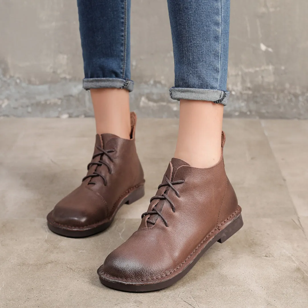 Retro Soft Leather Lace-Up Boots