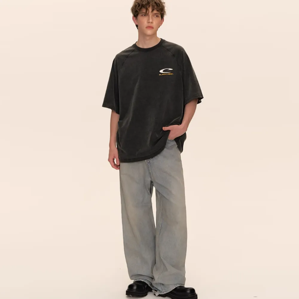 Retro Washed Letter Embroidery T-shirt