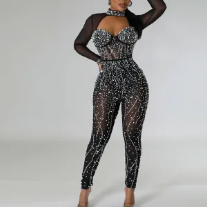 Rhinestone Mock Neck Sheer Mesh Skinny Jumpsuit
