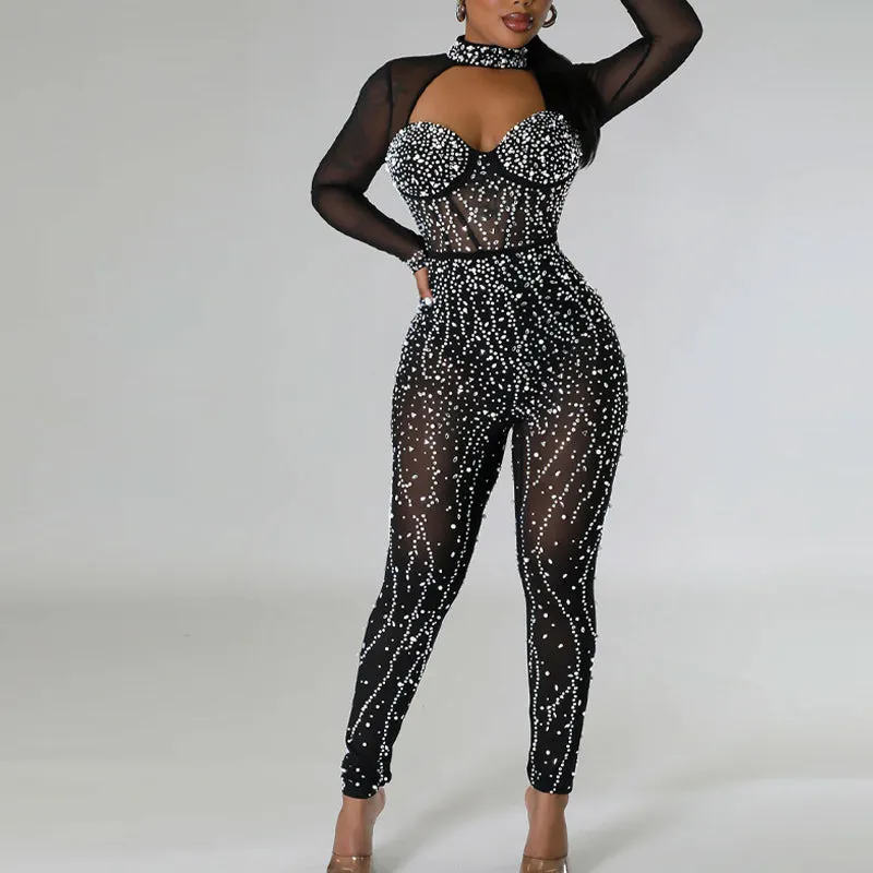 Rhinestone Mock Neck Sheer Mesh Skinny Jumpsuit