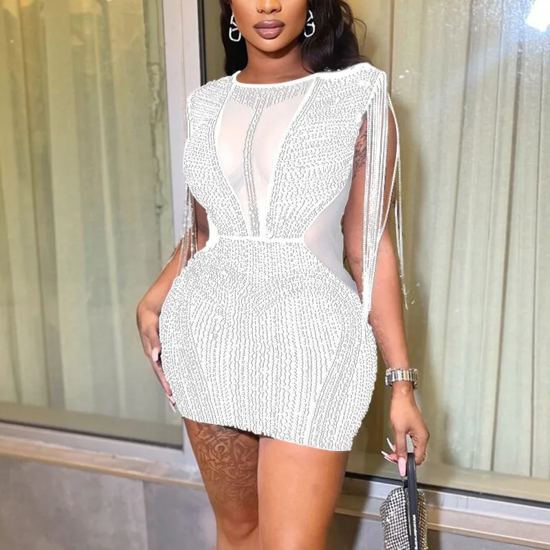 Rhinestone Sheer Mesh Patch Tassels Bodycon Dress