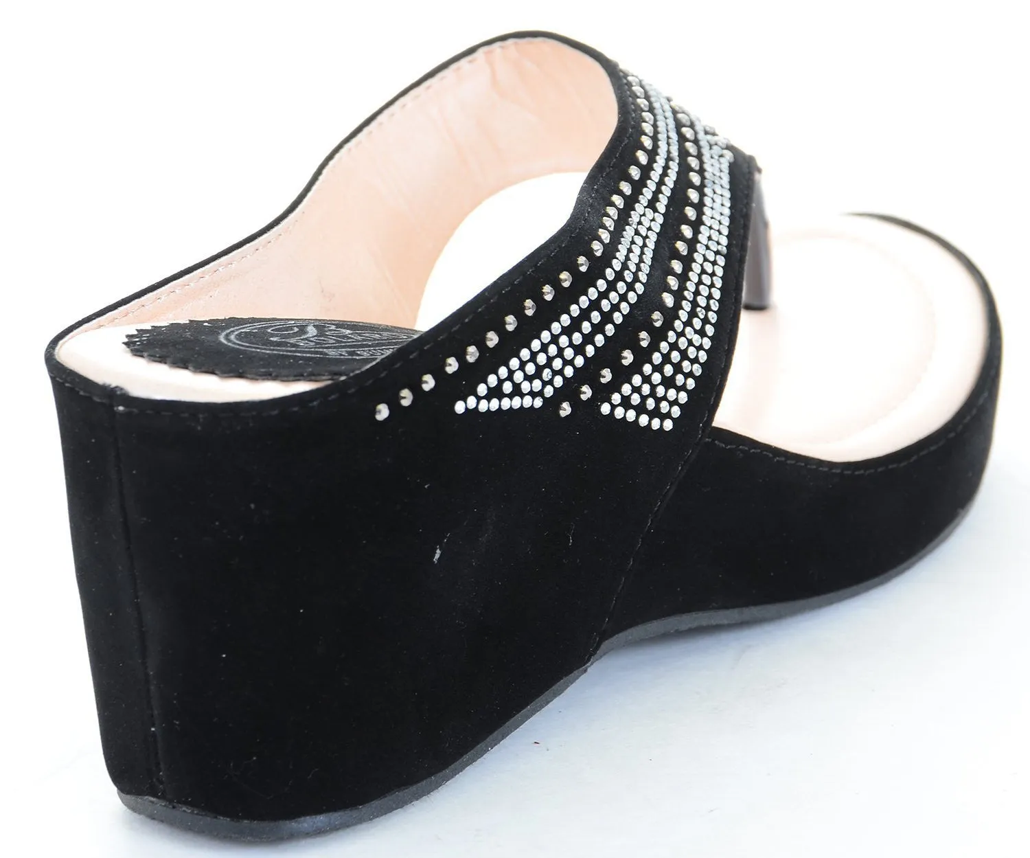 Sequin Jeweled Vegan Suede Wedge Flip Flop Sandal Black