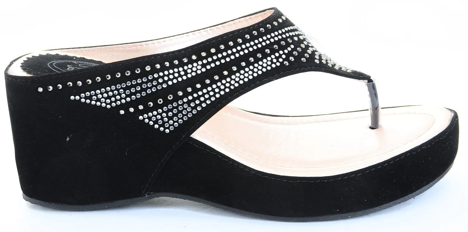 Sequin Jeweled Vegan Suede Wedge Flip Flop Sandal Black