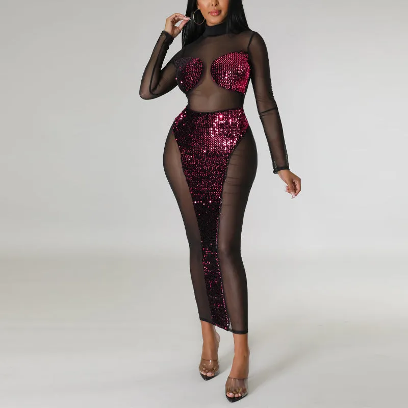 Sequins Long Sleeve Sheer Mesh Maxi Dress