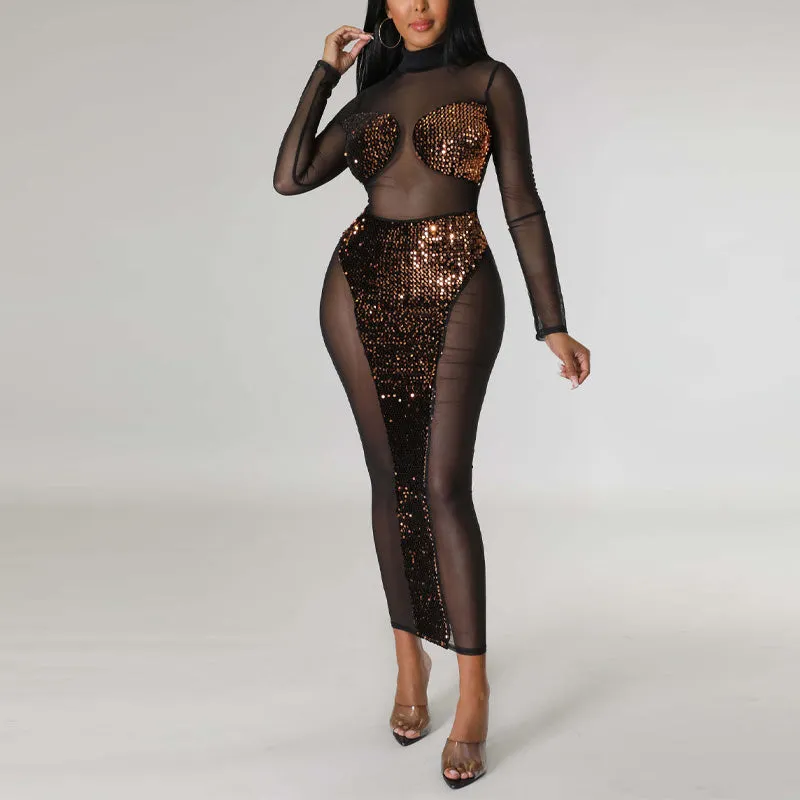 Sequins Long Sleeve Sheer Mesh Maxi Dress