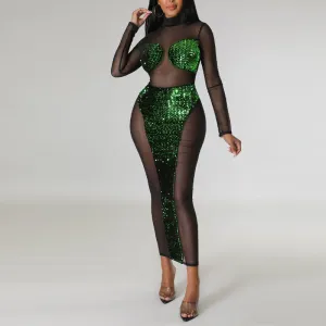 Sequins Long Sleeve Sheer Mesh Maxi Dress