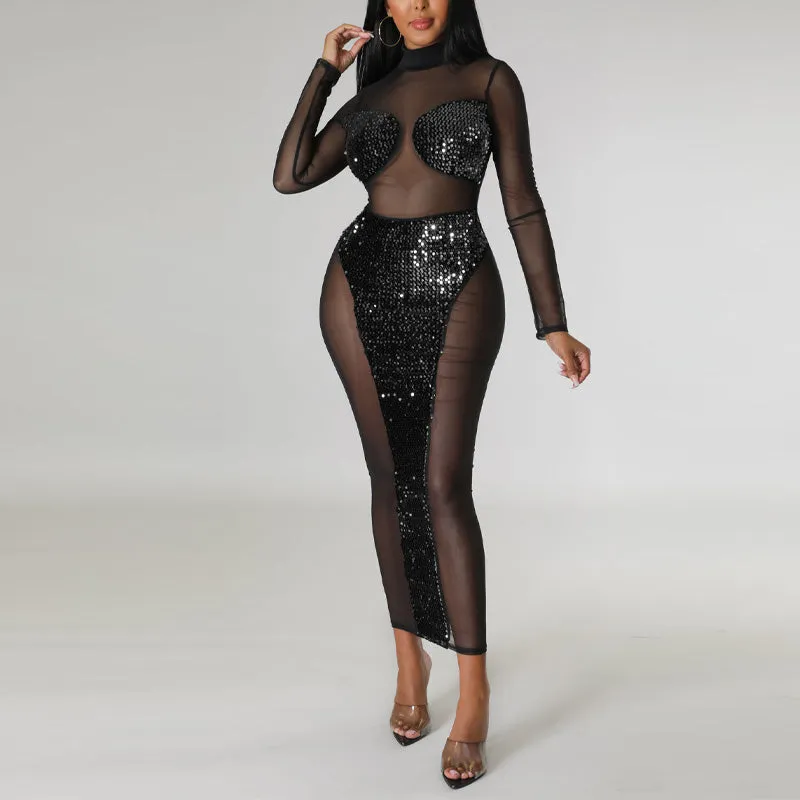 Sequins Long Sleeve Sheer Mesh Maxi Dress