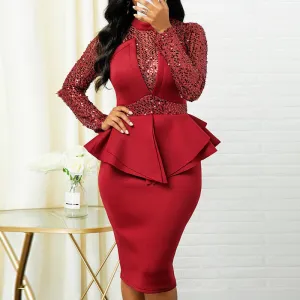 Sequins Sheer Mesh Patchwork Ruffled Hem Long Sleeve Dress