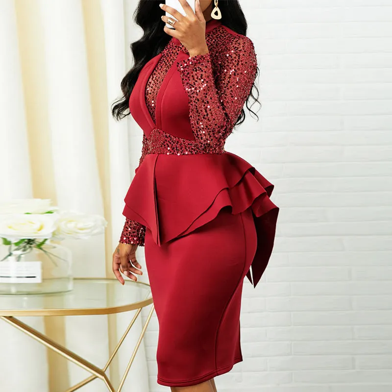 Sequins Sheer Mesh Patchwork Ruffled Hem Long Sleeve Dress