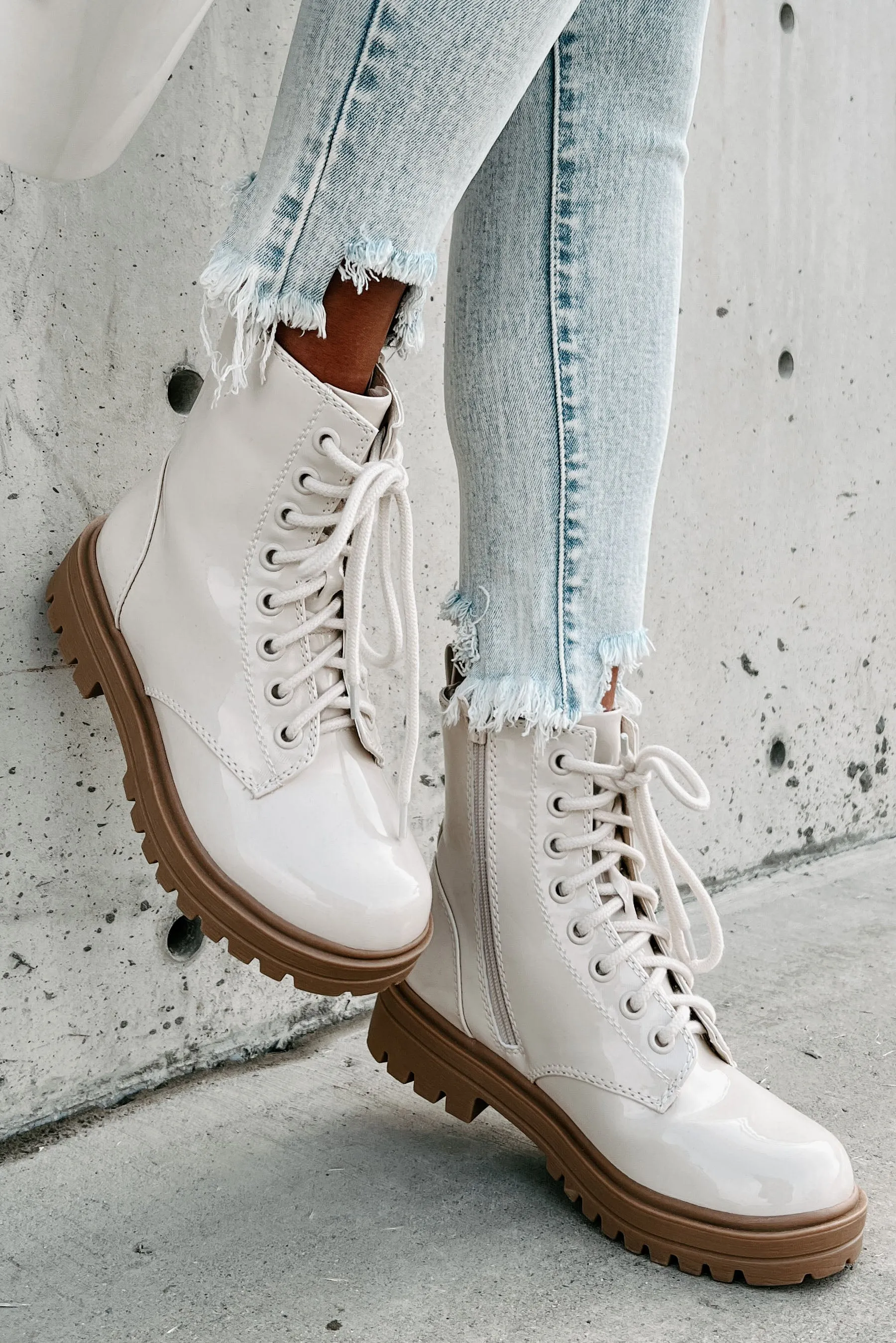 Slick Moves Patent Leather Combat Booties (Bone)