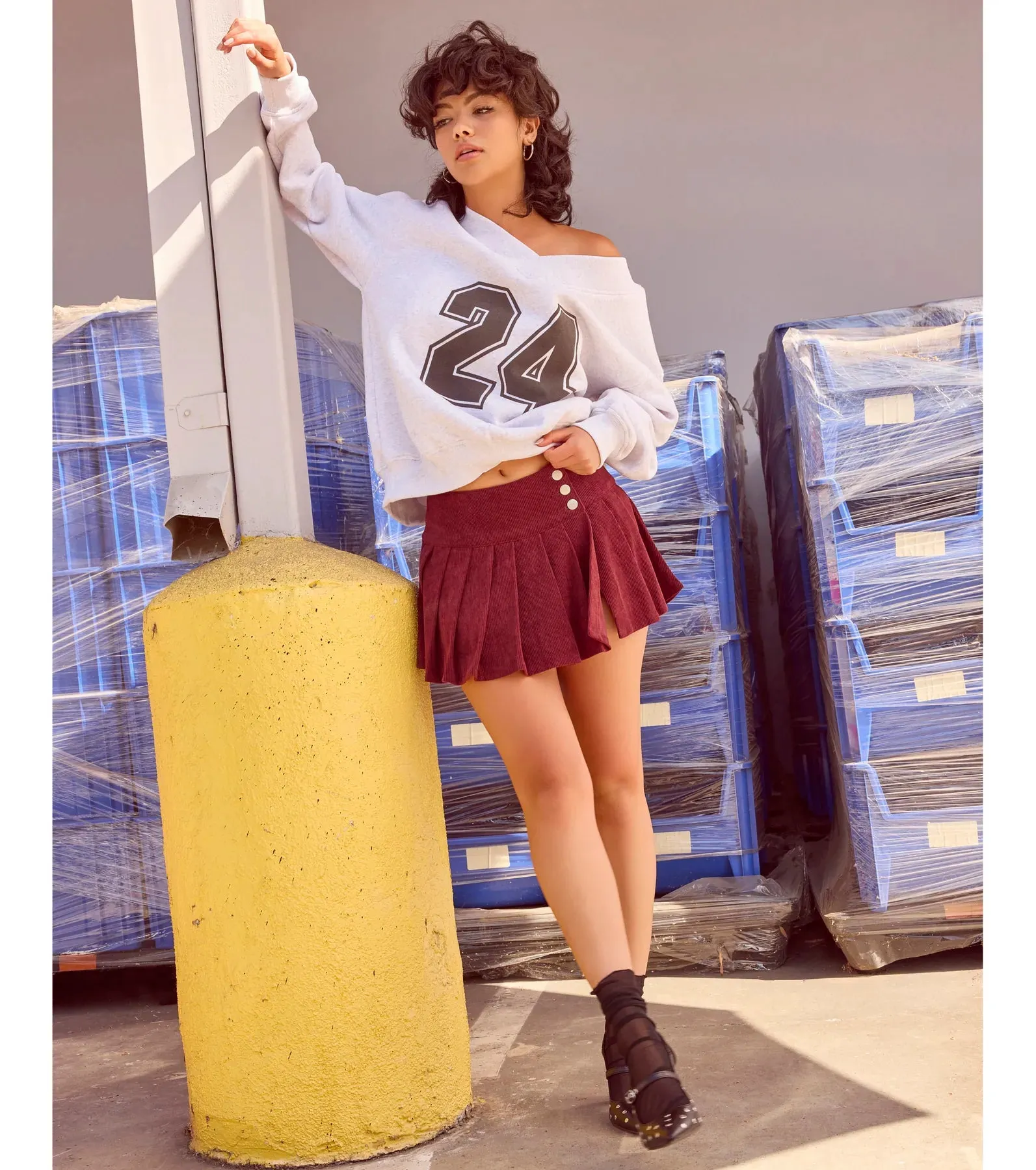 Trendy Status Corduroy Pleated Drop Waist Mini Skort